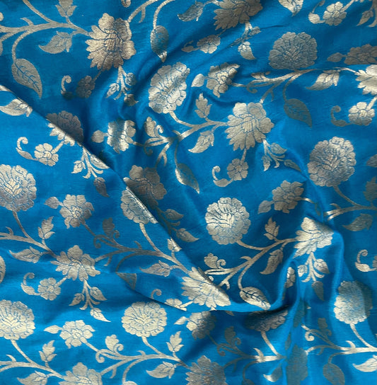 Indian Brocade fabric Blue and Gold Jacquard fabric Wedding dress fabric Luxury fabric Home Decor Fabric by the yard/ meter - NFAF765