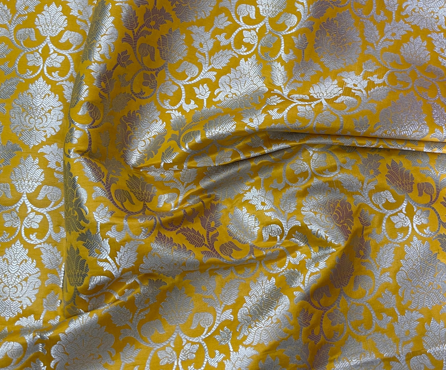 Indian Banarasi Brocade Fabric in Yellow and Silver color,  Multiple lengths will come in the Continuous Piece - NF745