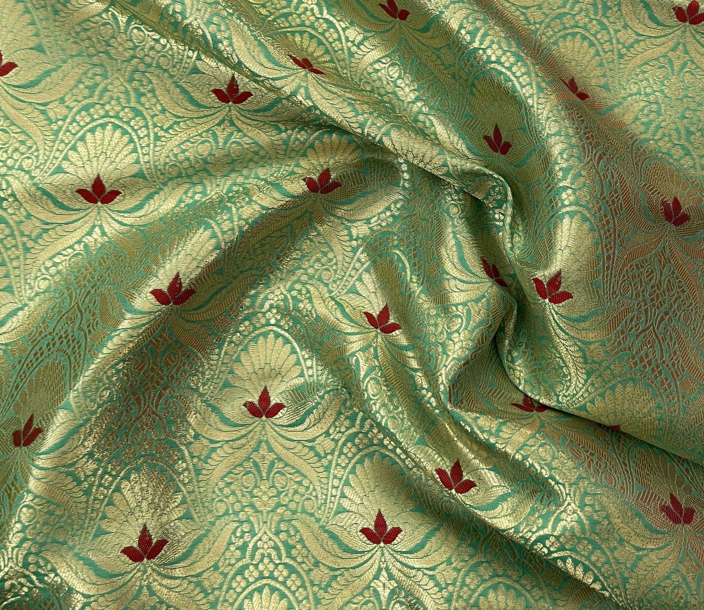 Indian Banarasi Brocade fabric in Green and Gold color, Multiple lengths will come in a continuous piece - NF727