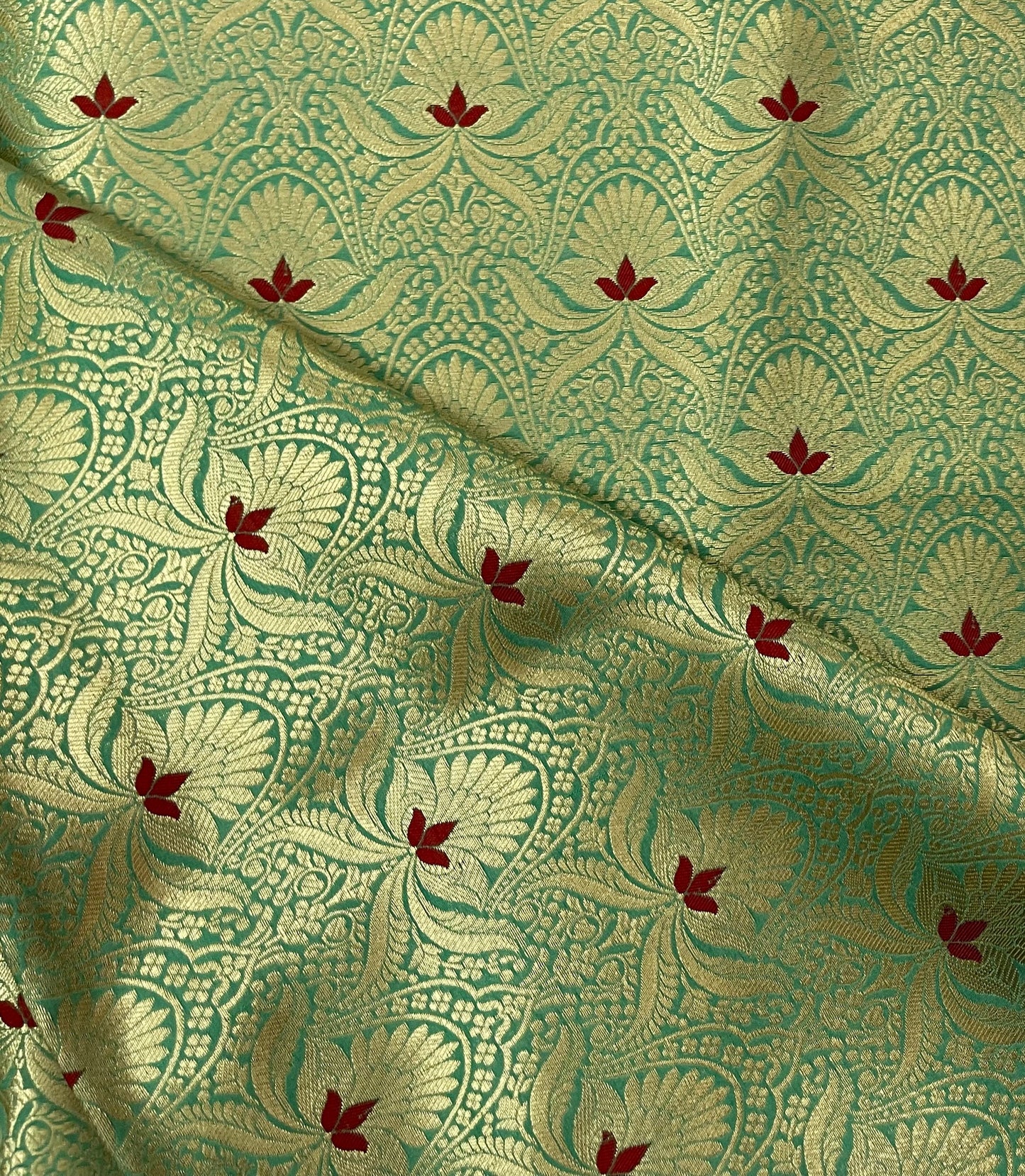 Indian Banarasi Brocade fabric in Green and Gold color, Multiple lengths will come in a continuous piece - NF727