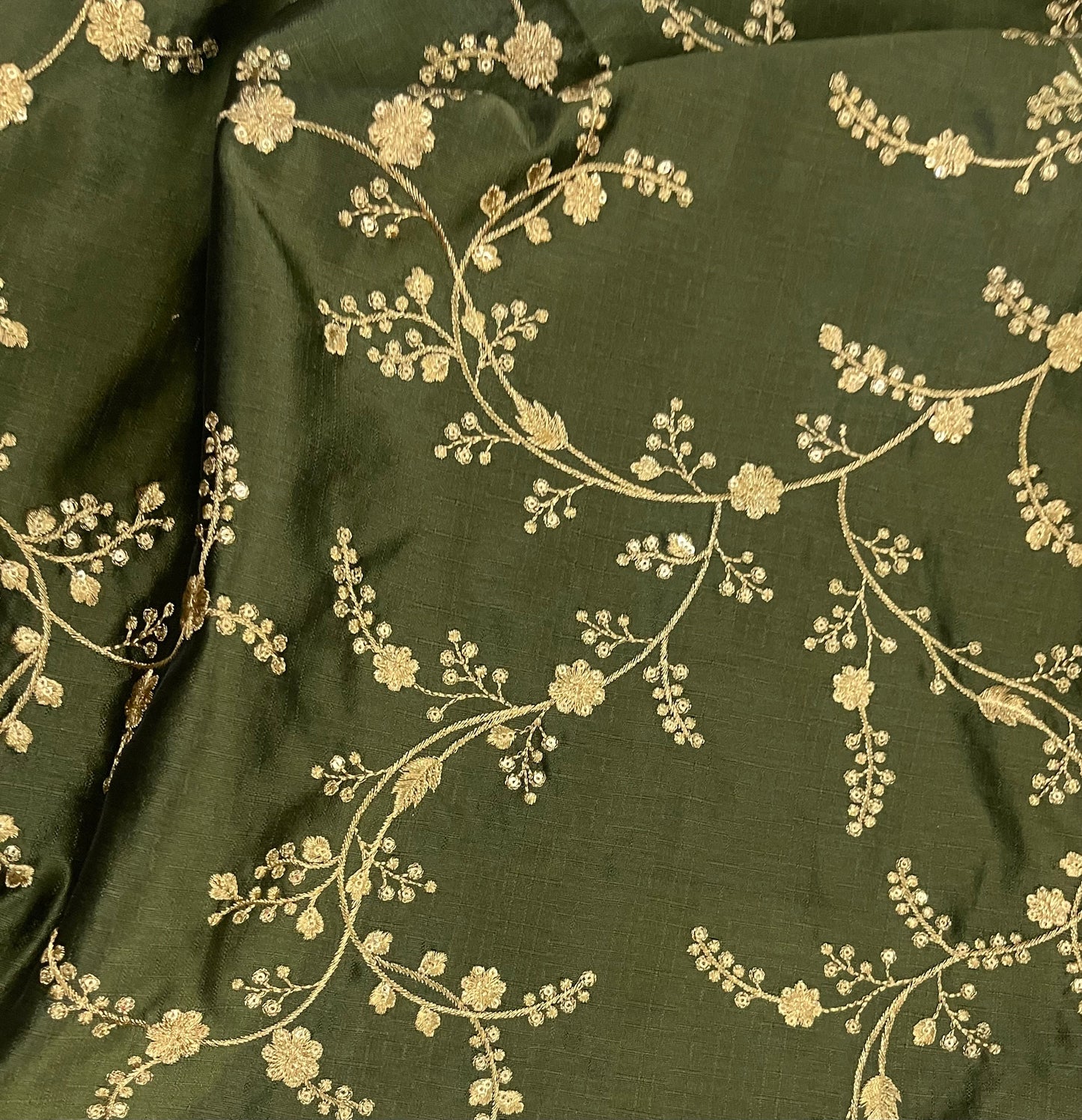 Indian Embroidered Fabric in Green & Gold color, Multiple lengths will come in a continuous piece - NF685