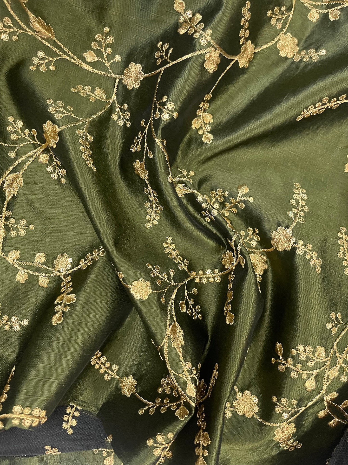 Indian Embroidered Fabric in Green & Gold color, Multiple lengths will come in a continuous piece - NF685