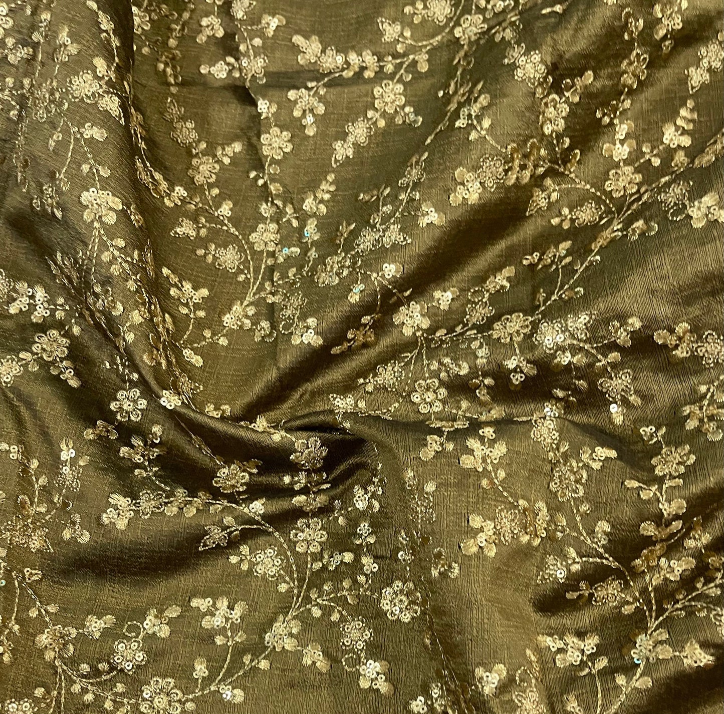 Indian Embroidered Fabric in Green & Gold color, Multiple lengths will come in the continuous piece NF758