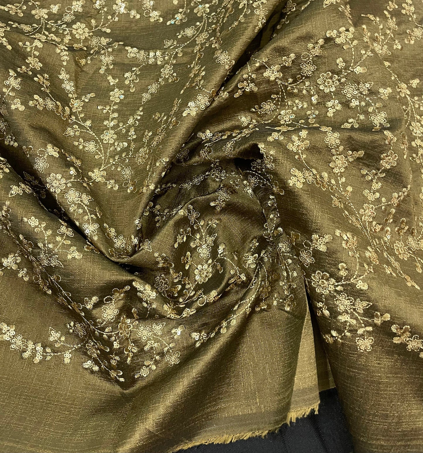 Indian Embroidered Fabric in Green & Gold color, Multiple lengths will come in the continuous piece NF758