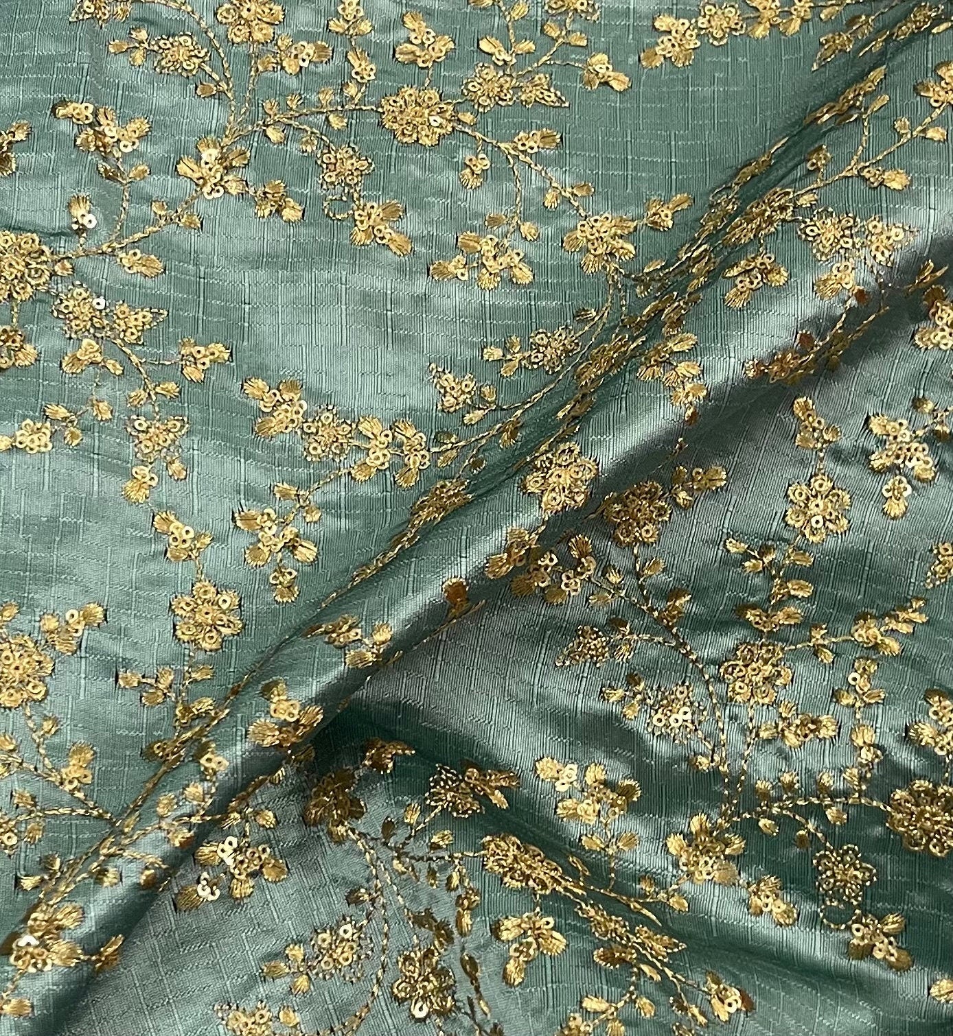 Indian Embroidered Fabric in Sage Green & Gold color, Multiple lengths will come in the continuous Piece - NF752