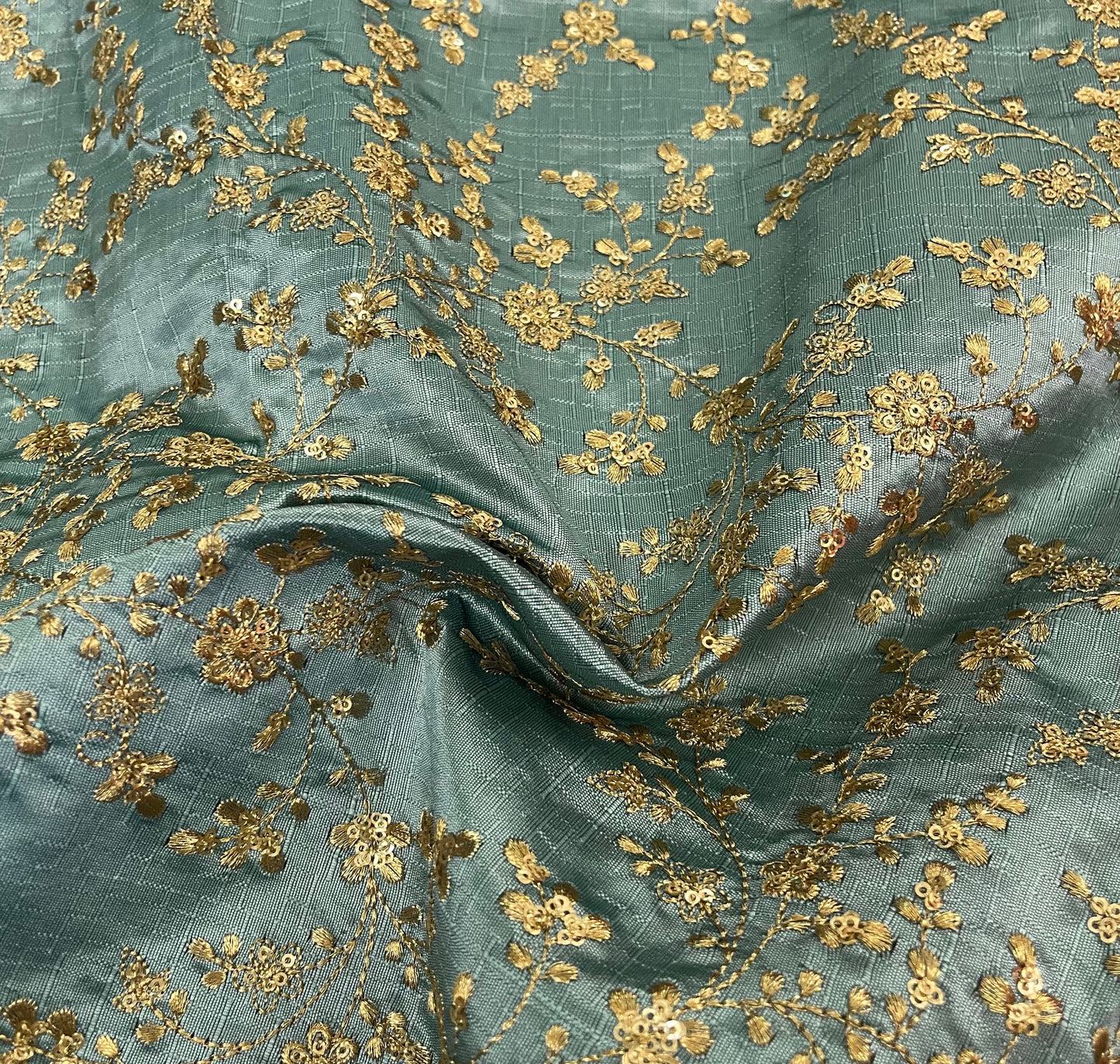 Indian Embroidered Fabric in Sage Green & Gold color, Multiple lengths will come in the continuous Piece - NF752