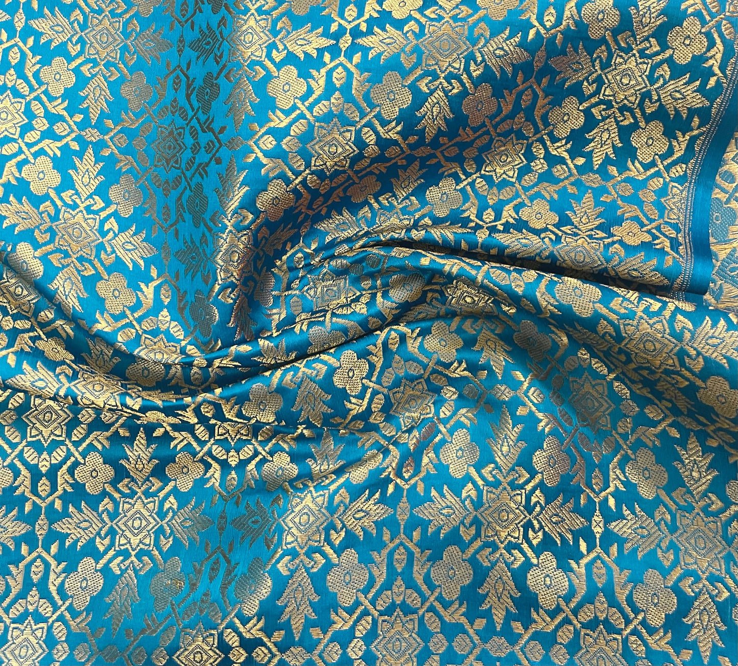 Indian Banarasi Brocade Fabric in Blue and Gold color, Multiple lengths will come in the Continuous Piece  - NF754