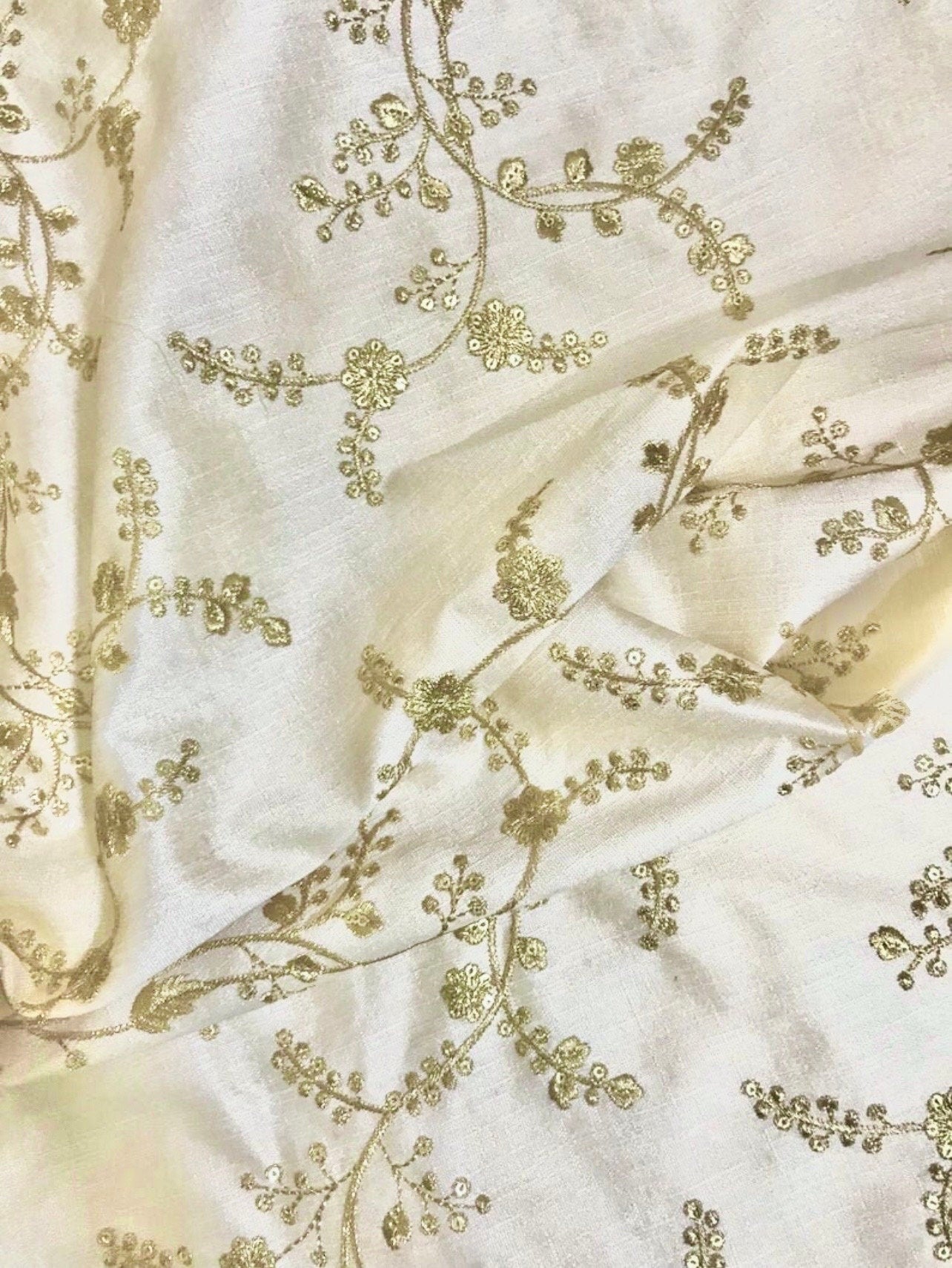 Indian Embroidered Fabric in Off White and Gold color, Multiple lengths will come in the continuous piece- NF500