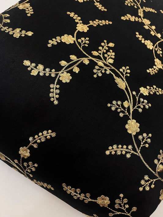 Indian Embroidered Fabric in Black & Gold color, Multiple lengths will come in the continuous piece - NF785