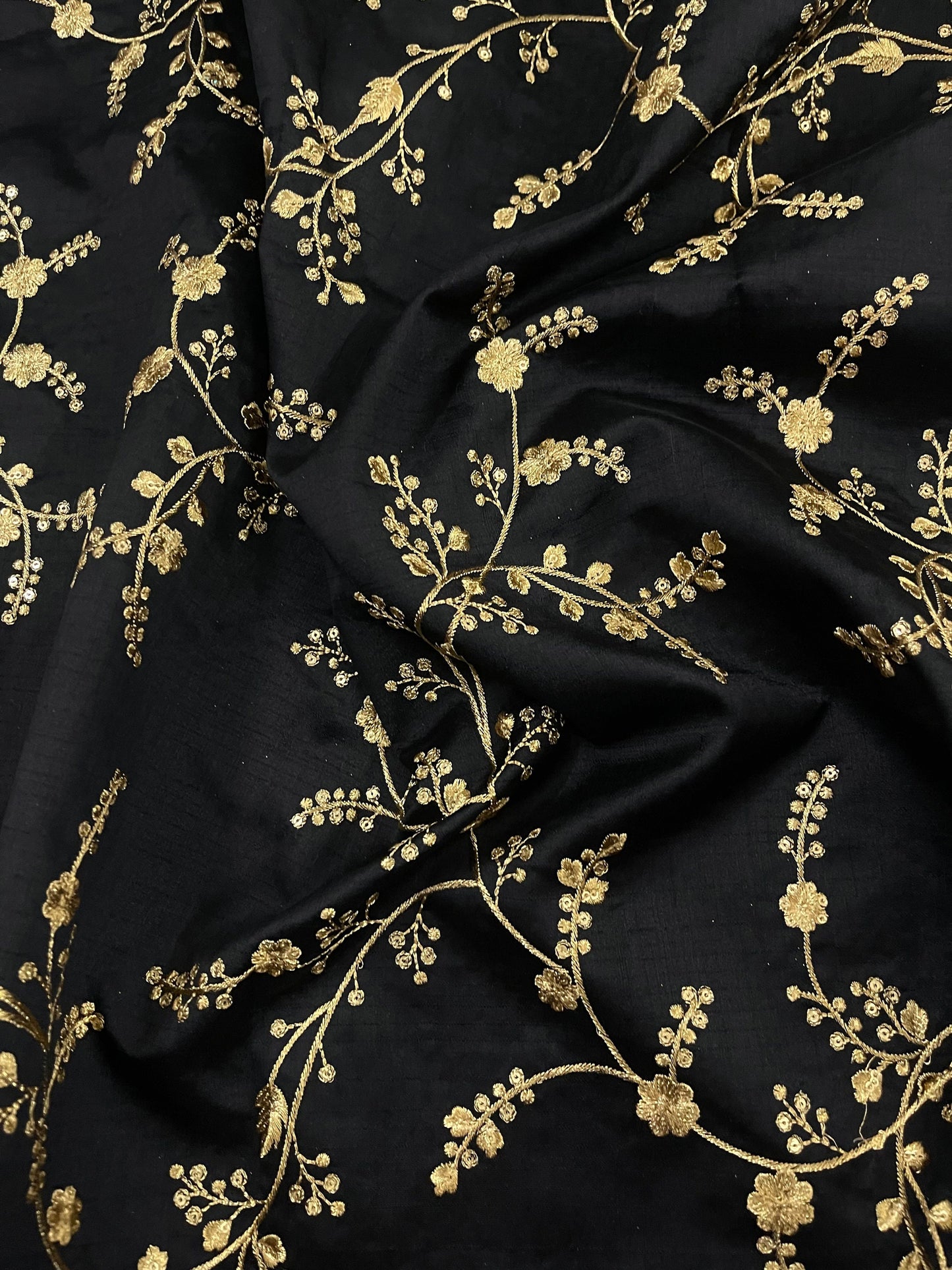 Indian Embroidered Fabric in Black & Gold color, Multiple lengths will come in the continuous piece - NF785