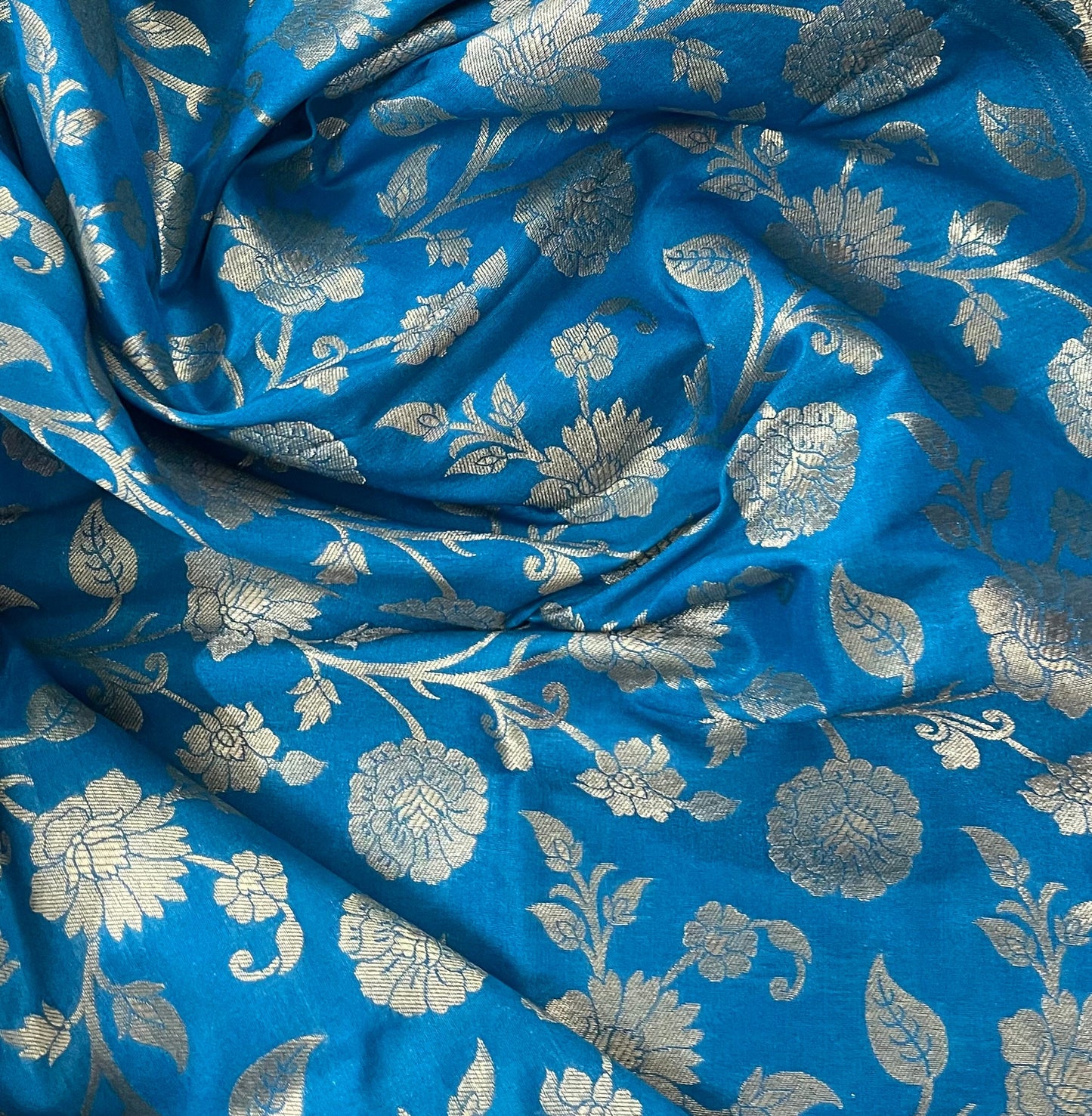 Indian Banarasi Brocade fabric in Blue and Gold color, Multiple lengths will come in the continuous piece - NF765