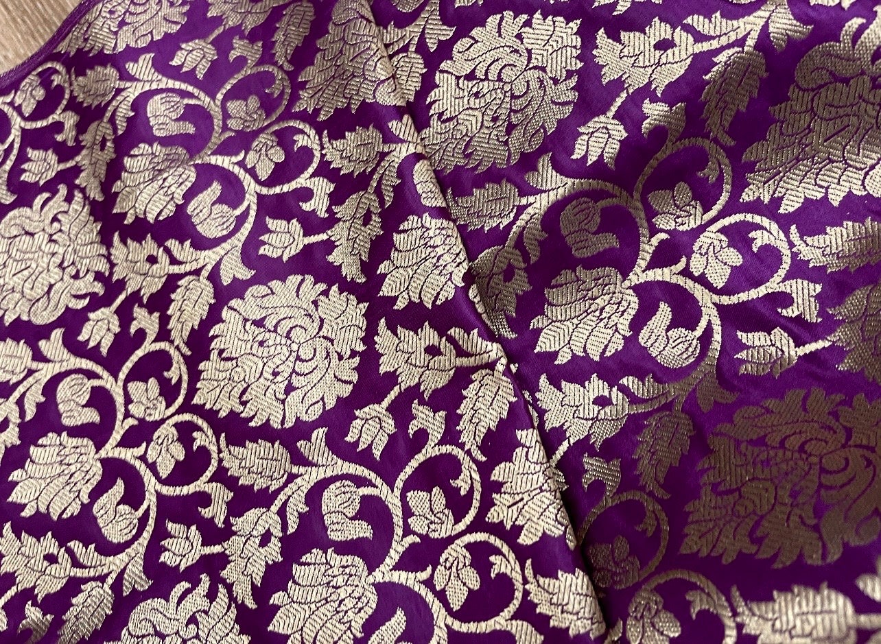 Indian Banarasi Brocade Fabric in Purple and Gold color, Multiple lengths will come in the continuous piece - NF66