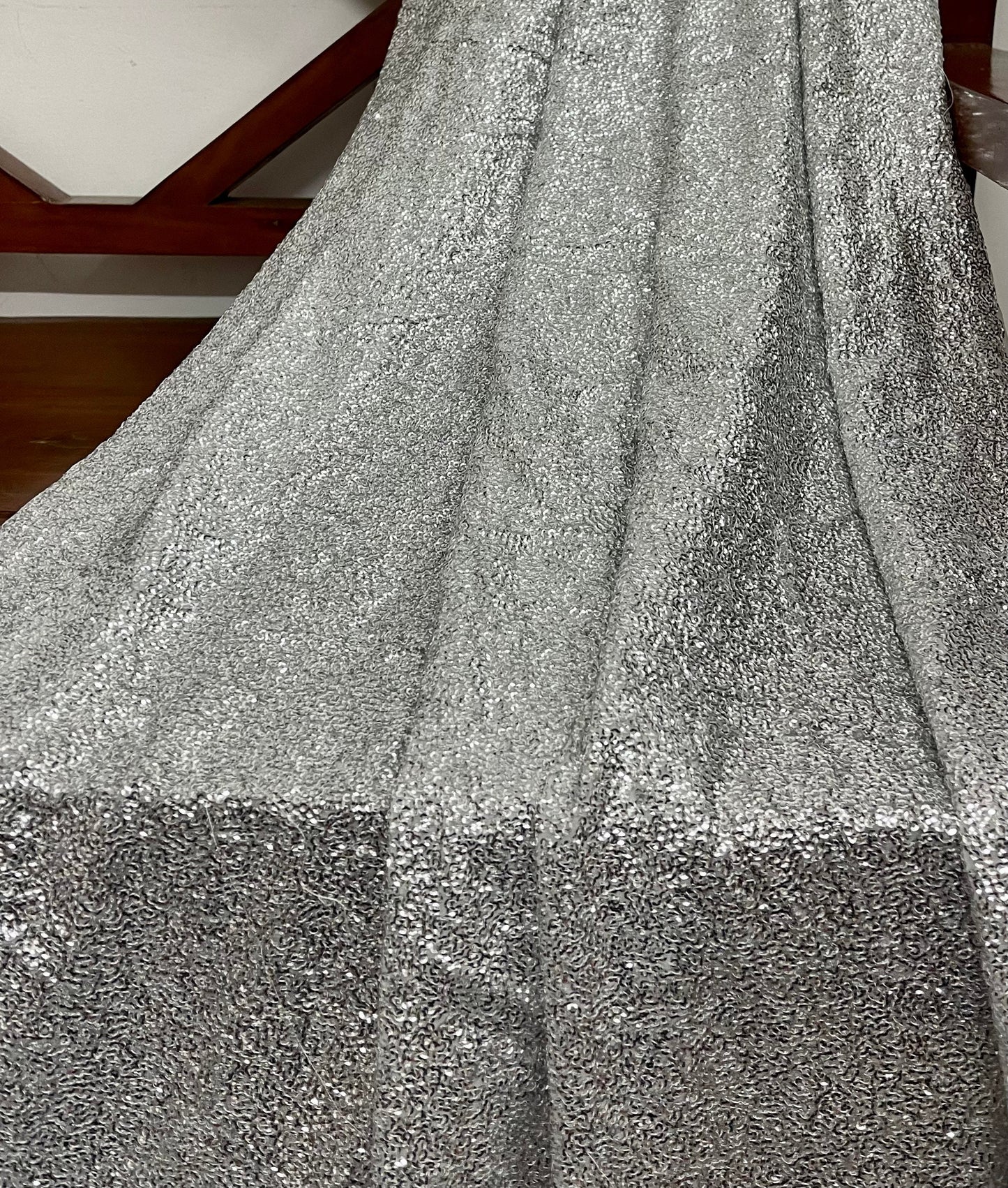 Embroidered Sequin Georgette Fabric in Silver color, Multiple lengths will come in the continuous piece - SQAF801