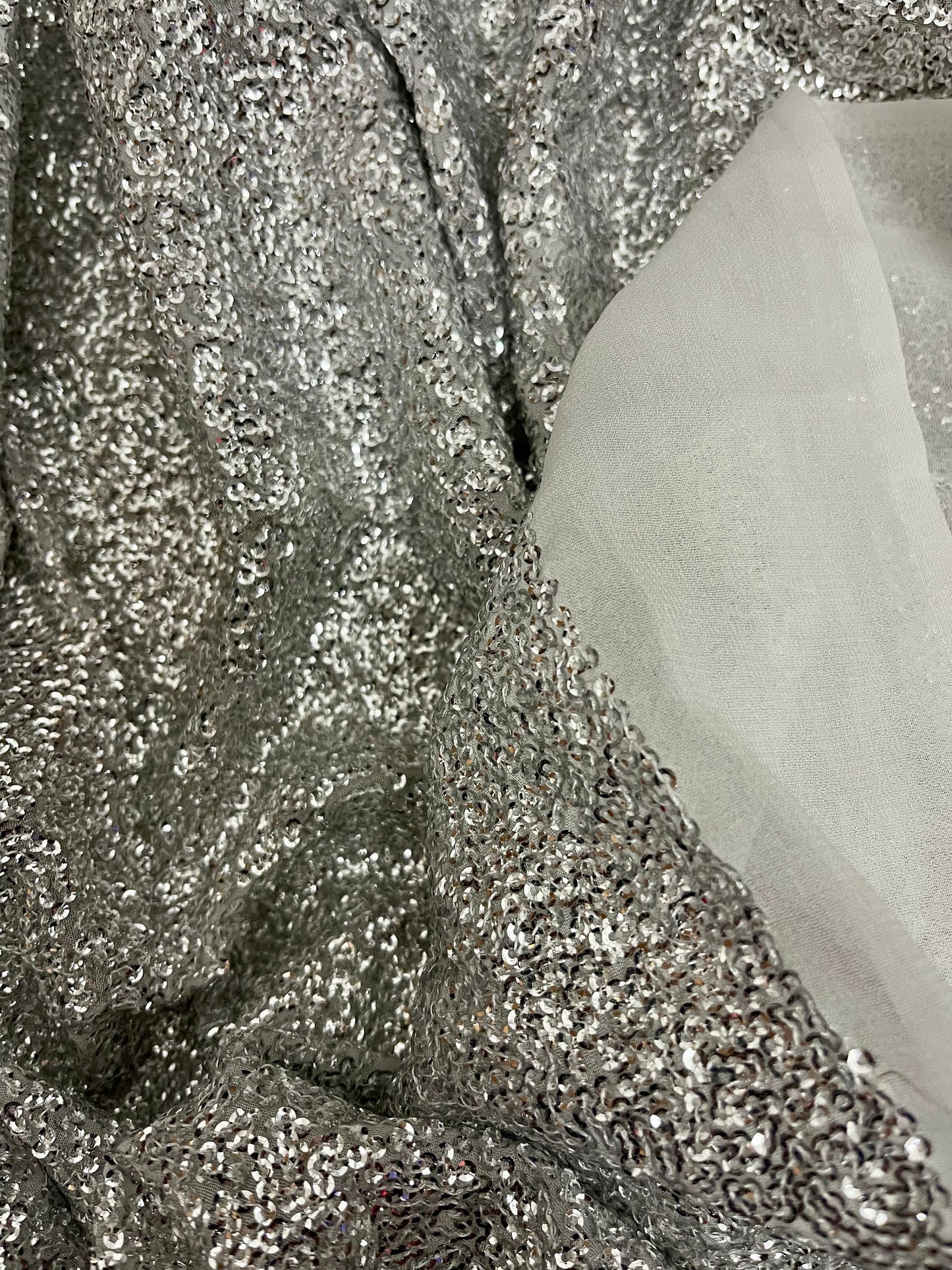 Embroidered Sequin Georgette Fabric in Silver color, Multiple lengths will come in the continuous piece - SQAF801