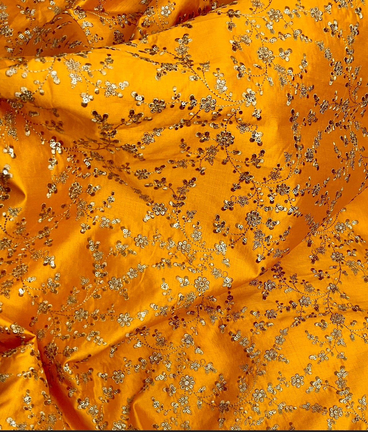 Indian Embroidered Fabric in Orange & Gold color, Multiple lengths will come in the continuous piece - NF700