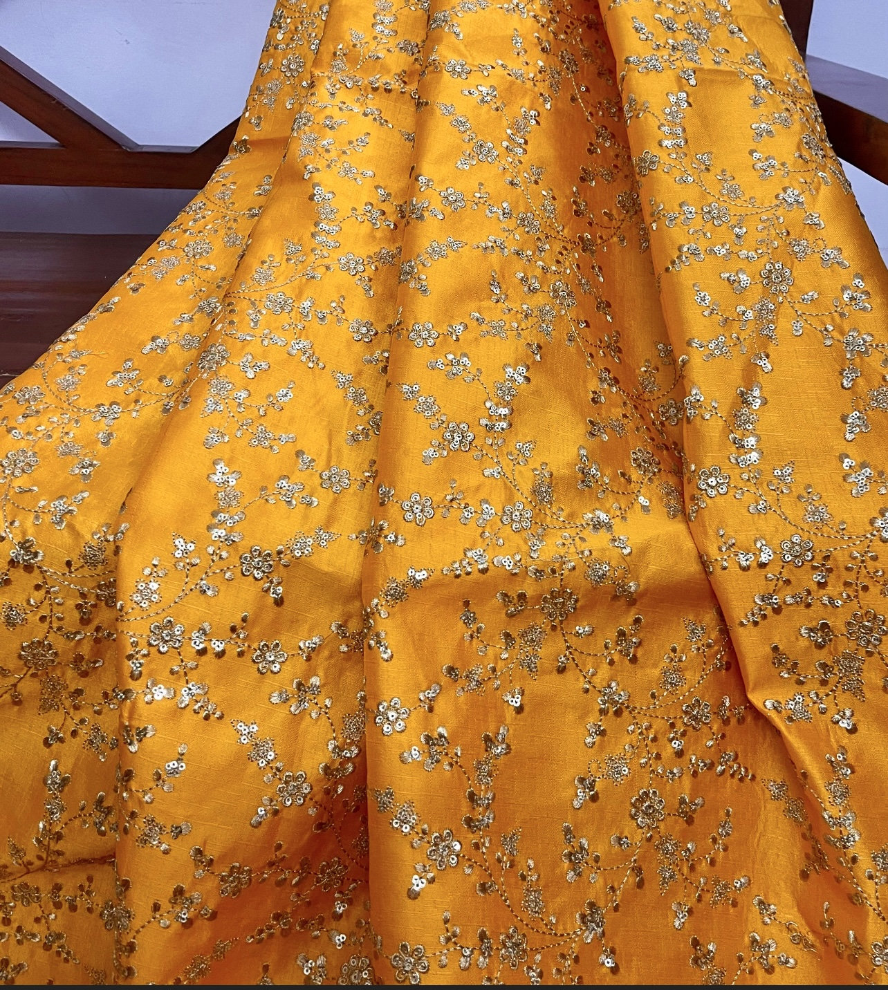 Indian Embroidered Fabric in Orange & Gold color, Multiple lengths will come in the continuous piece - NF700