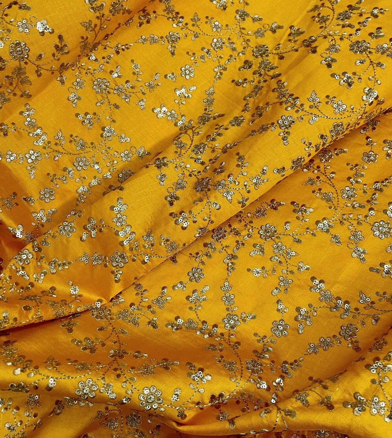 Indian Embroidered Fabric in Yellow and Gold Color, Multiple lengths will come in the continuous piece - NF226