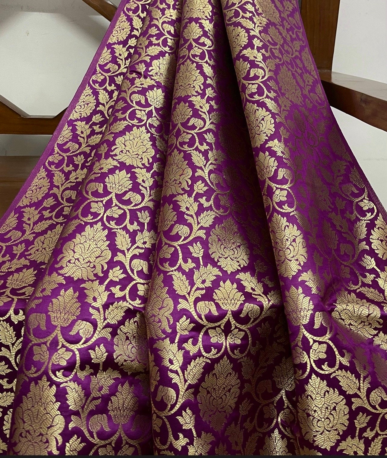 Indian Banarasi Brocade Fabric in Purple and Gold color, Multiple lengths will come in the continuous piece - NF66