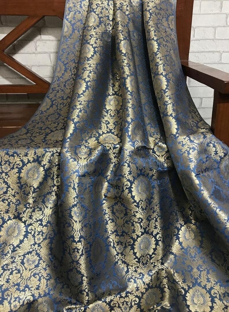 Indian Banarasi Brocade Fabric in Gray & Gold color,  Multiple lengths will come in a continuous piece - NF195