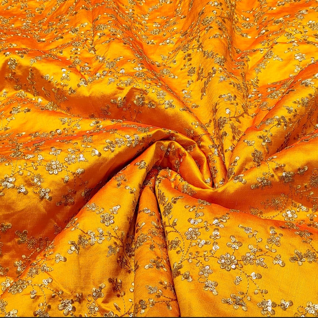 Indian Embroidered Fabric in Orange & Gold color, Multiple lengths will come in the continuous piece - NF700