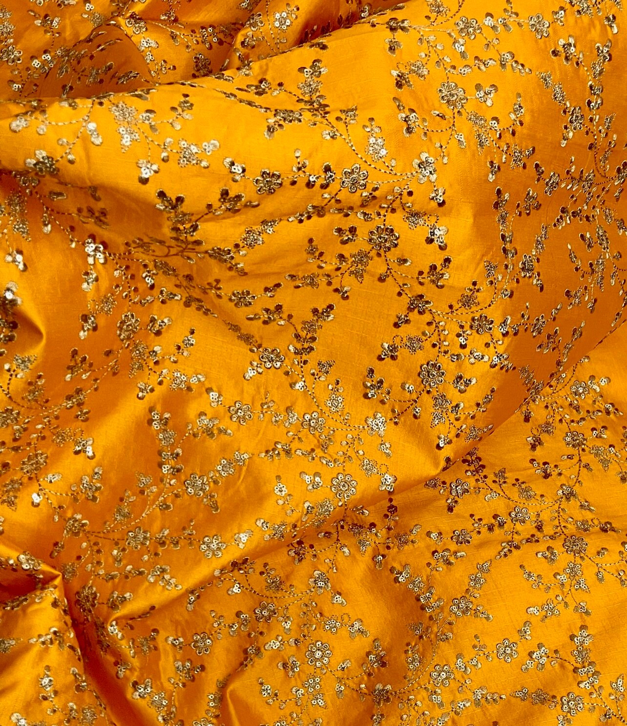 Indian Embroidered Fabric in Orange & Gold color, Multiple lengths will come in the continuous piece - NF700