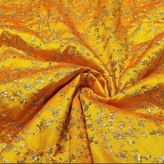 Yellow and gold embroidered fabric, Wedding dress, Fashion fabric, Bridesmaid dress, Thread embroidery, Gold flower, Embroidery design - NFAF226