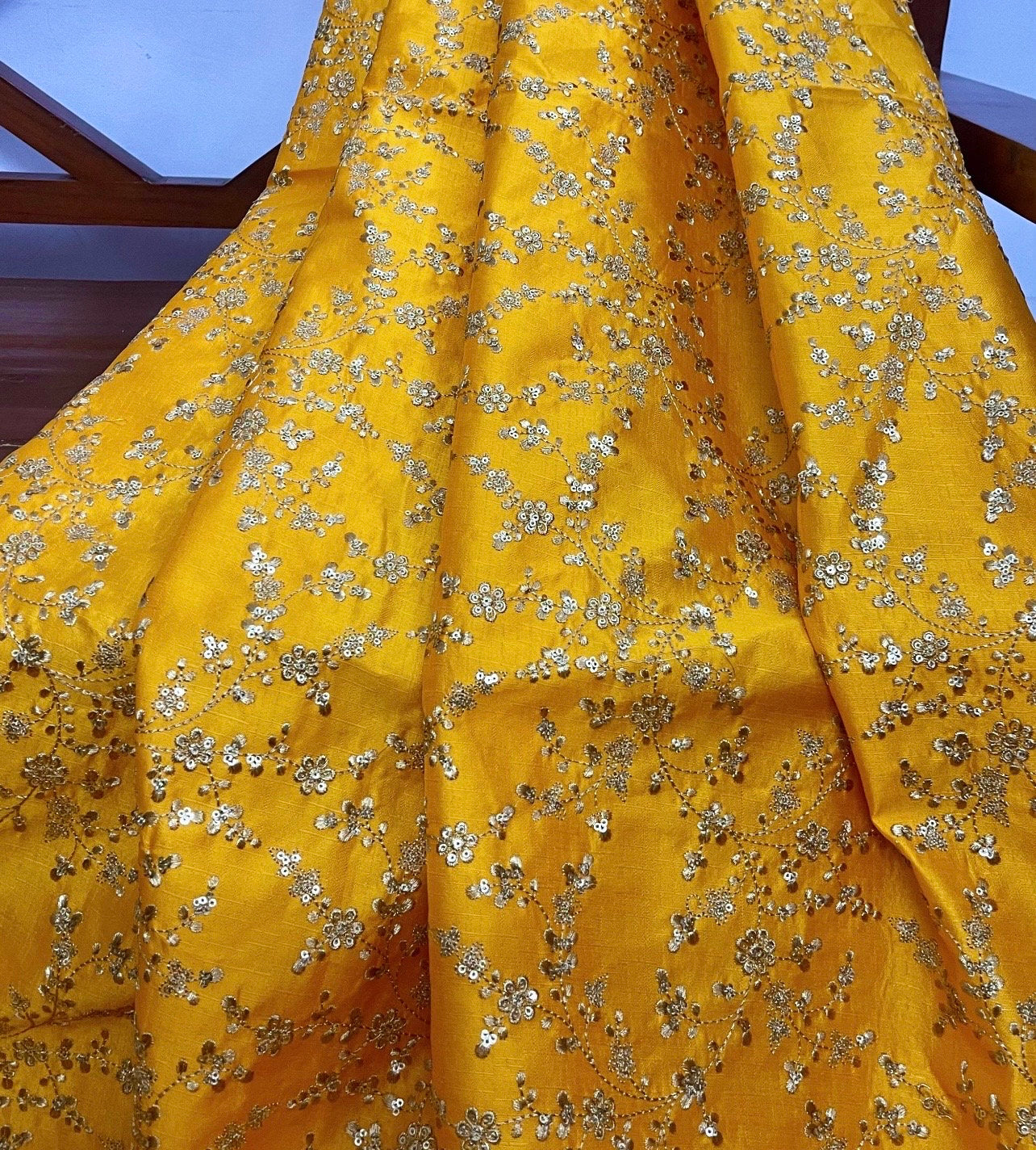 Indian Embroidered Fabric in Yellow and Gold Color, Multiple lengths will come in the continuous piece - NF226