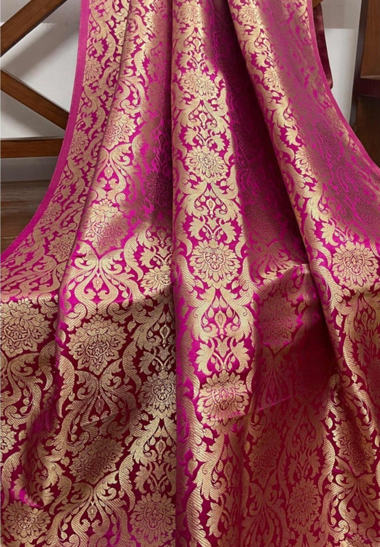 Indian Banarsi Brocade Fabric in Hot pink and Gold color, Multiple lengths will come in the continuous Piece - NF124