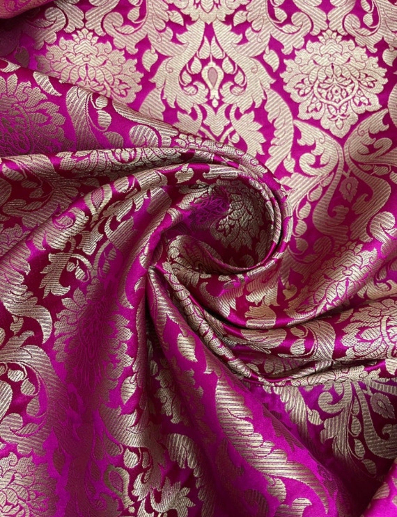 Indian Banarsi Brocade Fabric in Hot pink and Gold color, Multiple lengths will come in the continuous Piece - NF124