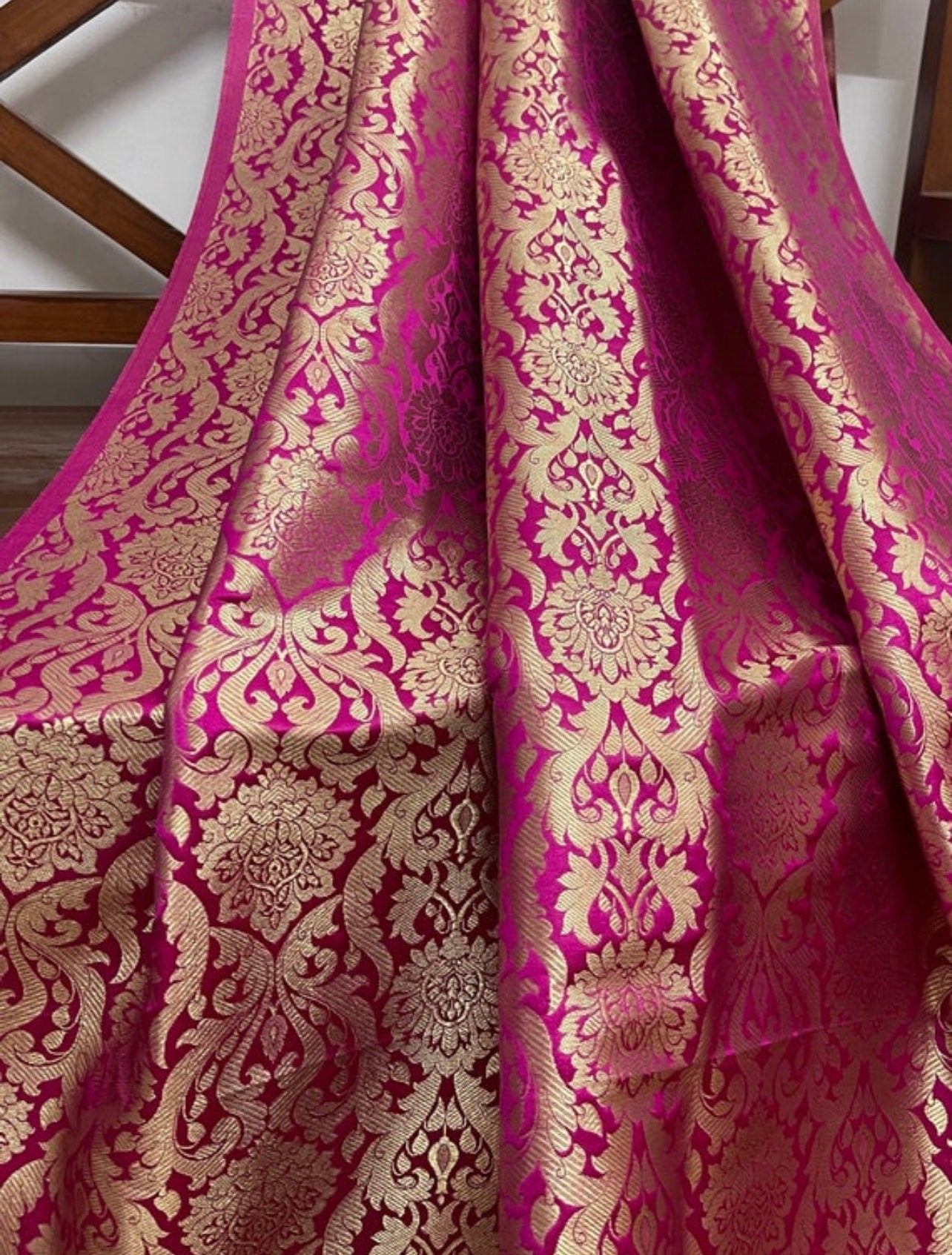 Indian Banarsi Brocade Fabric in Hot pink and Gold color, Multiple lengths will come in the continuous Piece - NF124